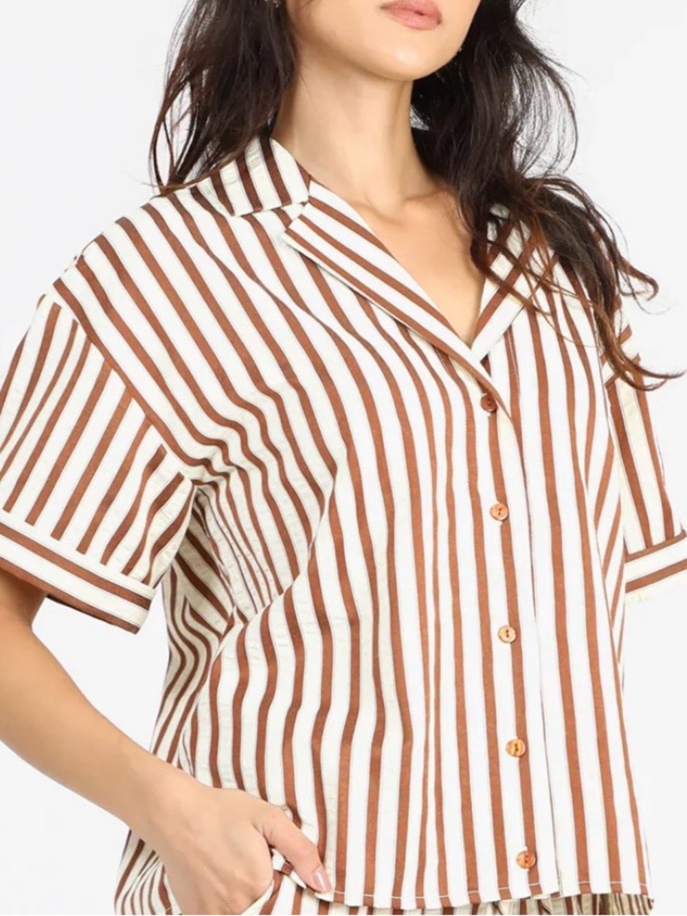 GREYLIN Striped Short-Sleeve Button-Up Top Size M